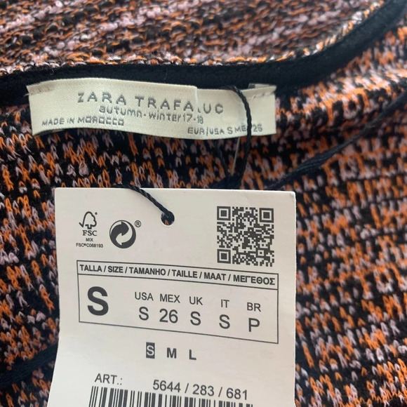 Zara Tweed Pink Orange Stripe Tie Neck Short Sleeve Mini Dress Size Small - Picture 10 of 11